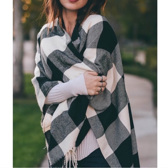 Ivory & Black Buffalo Plaid Poncho Sweater Wrap - Picture 2 of 4